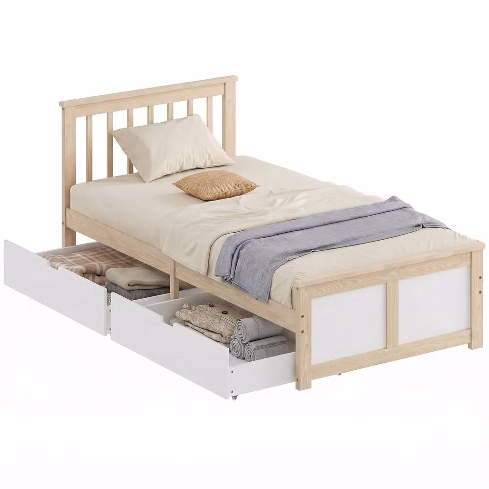 HOMCOM Single Solid Pine Wood Storage Bed with 2 Drawers, Natural Finish, W/D/H: 90 x 190 x 82 cm – 2