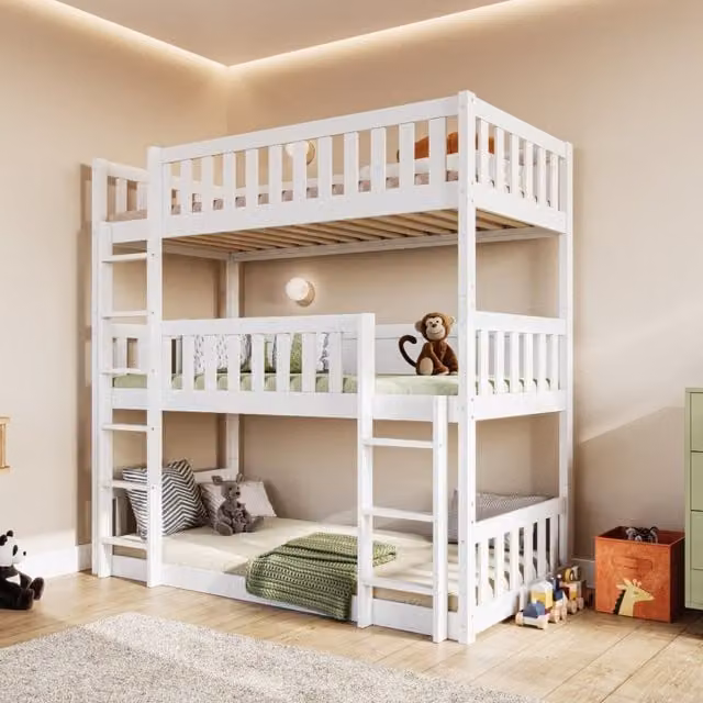 Flair Bea Triple High Bunk Bed in White and Grey Solid Pine Wood