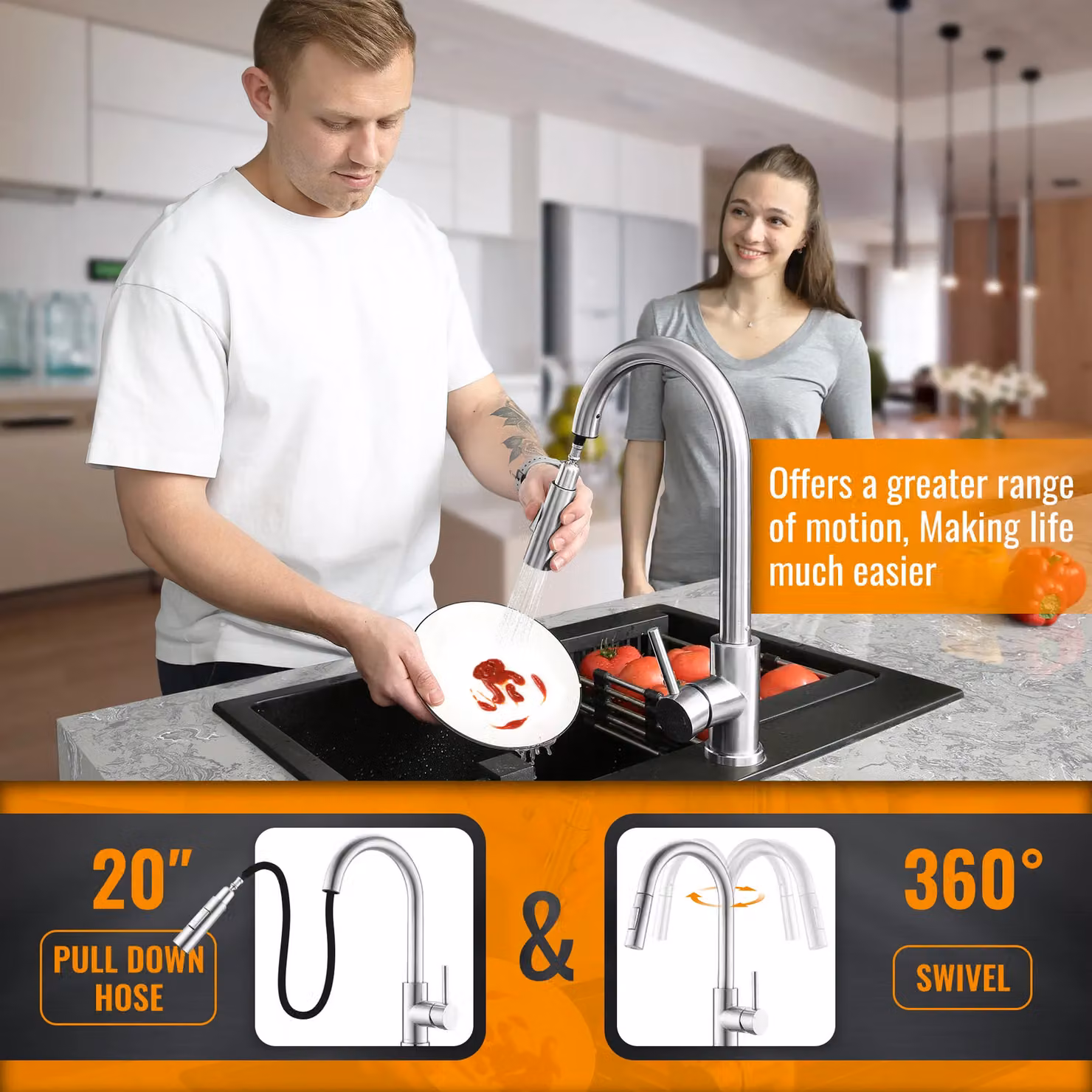 Appaso Stainless Steel Pull-Out Kitchen Faucet with 360 Degree Swivel Sprayer and High Pressure 2-Mode Single Lever Tap in Silver Brushed Steel – 3