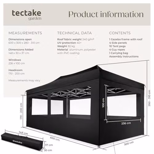 tectake Folding Pop Up Gazebo with Aluminium Frame and 4 Sidewalls with Windows, Black, W: 600 cm, D: 300 cm, H: 280 cm – 6