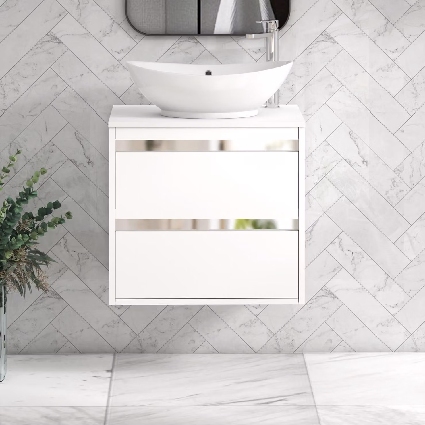 Royal Bathrooms Orion 600mm Matt White Wall Hung 2 Drawer Vanity Unit with Amaze Basin and Chrome Accent Trim