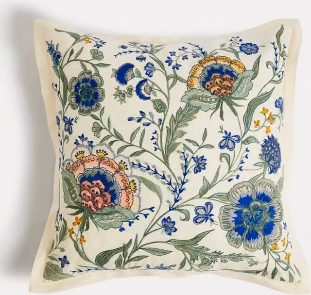 M&S Floral Embroidered Square Cotton and Linen Cushion in Green Multicolour