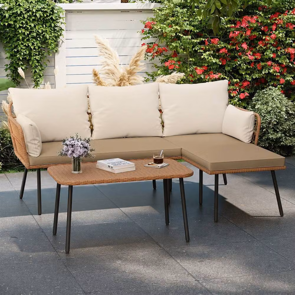 Costway 3-Piece Rattan Patio Sectional Sofa and Coffee Table Set in Brown – 2