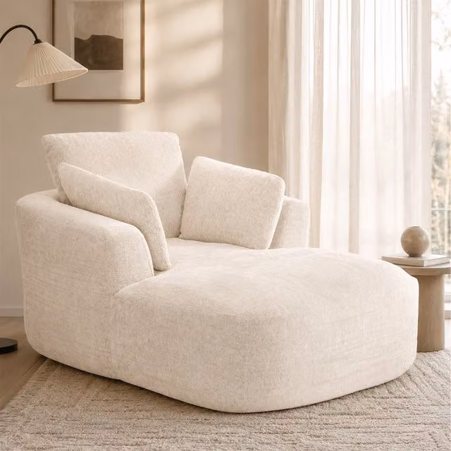 Mimo Beige Chenille Upholstered Indoor Chaise Lounge Sofa with 30D Foam, W/D/H: 164.0 x 115.0 x 91.0 cm
