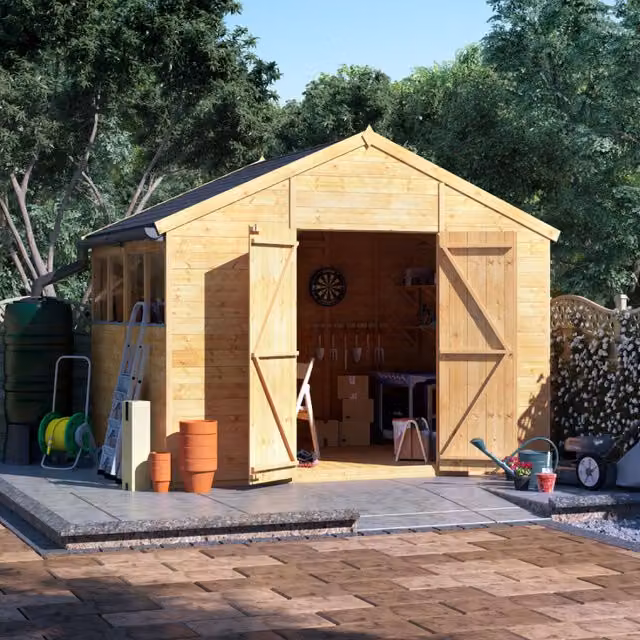 BillyOh Expert Tongue and Groove Apex Wooden Workshop with Window in Brown