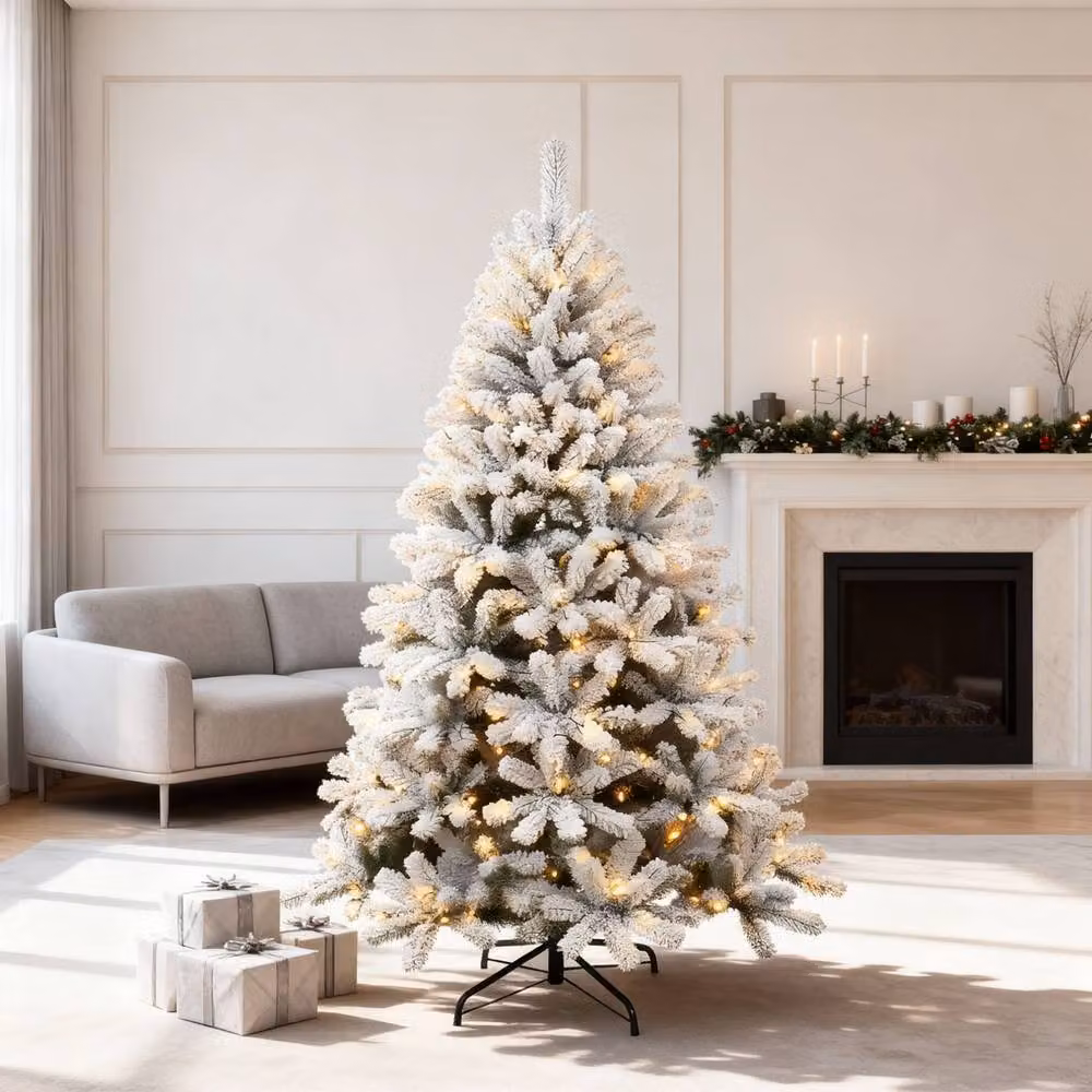 Shatchi 7ft Yukon Snow Pine Christmas Tree with 200 Warm White LEDs in Green and White – 5