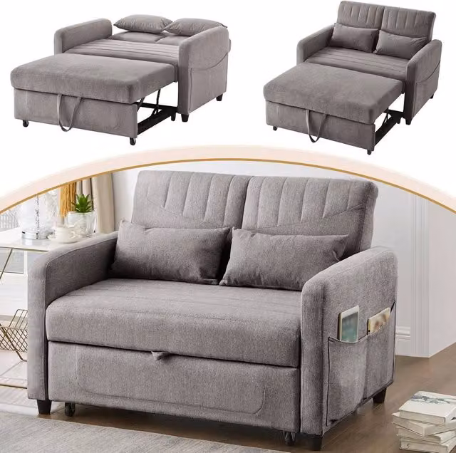 BTM 2 Seater Convertible Sofa Bed in Grey with Pull Out Drawer and Adjustable Headrest