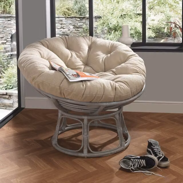 Desser Rattan Papasan Lounge Chair with Beige Bouclé Cushion