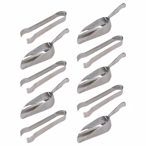 Rink Drink 10-Piece Cast Aluminium Ice Scoops and Tongs Set in Silver