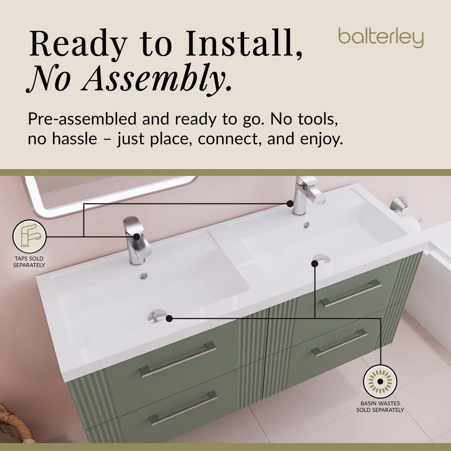 Balterley Wall Hung 4 Drawer Vanity Unit with 2 Polymarble Basins, Satin Green, W: 120 cm – 3