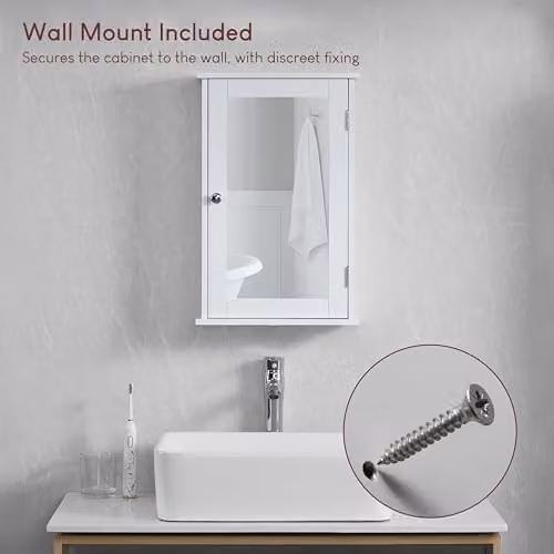 Bath Vida Priano Single Mirrored Door Wall Mounted Bathroom Cabinet, White, W/D/H: 34 x 15 x 53 cm – 2