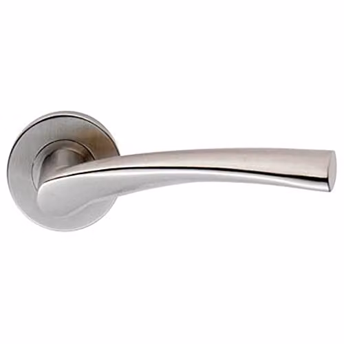 Loops Pair of Twisted Angular Design Door Handles with Round Rose in Brushed Satin Steel Silver