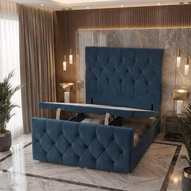 Somnior Ziggy Plush Storage Ottoman Divan Base with 54 inch Headboard and 22 inch Footboard in Navy Blue Velvet, W/D/H: 200 x 200 cm