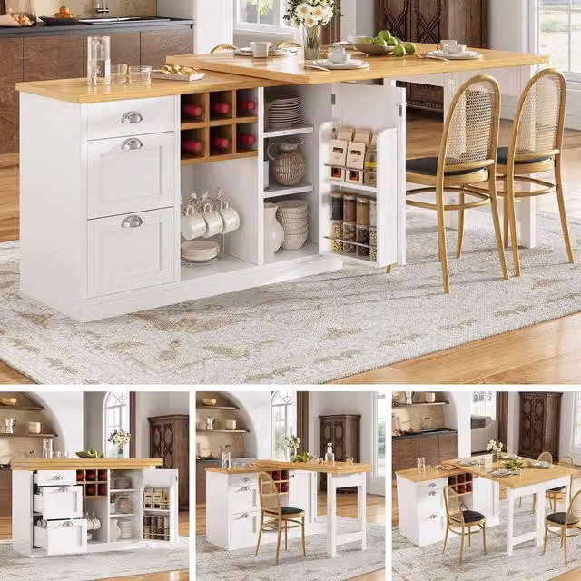 BTM Extendable Sideboard Dining Table with Wine Rack and Storage Drawers in White