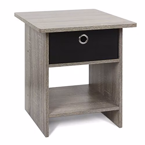 Furinno DARIO Square Side Table with Storage Bin and Open Back Shelf in French Oak
