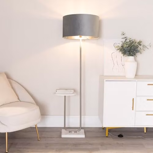 ValueLights Tavel Brushed Chrome Metal Floor Lamp with Grey Fabric Shade and Warm White Bulb – 2