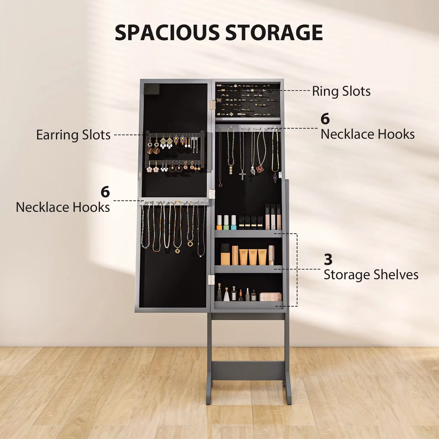 HOMCOM Free Standing Modern Grey Mirrored Jewellery Cabinet with Integrated LED Lighting and Internal Shelves – 3
