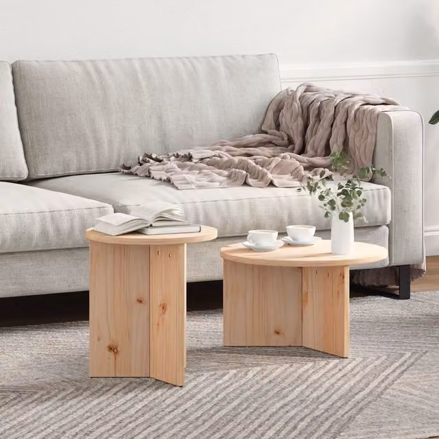 Berkfield Home 2-Piece Round Nested Coffee Table Set in Brown Solid Pine Wood – 1