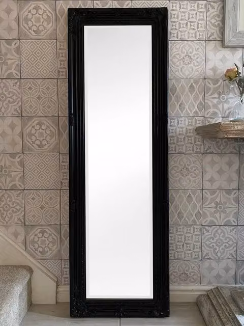 Downton Interiors Antique Style Black Tall Ornate Dressing Wall Mirror with Bevelled Glass, Height: 142 cm