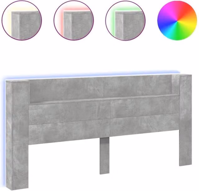 Berkfield Home Modern Headboard Cabinet with LED Lighting and USB Charging Port, Concrete Grey, W: 220 cm, D: 16.5 cm, H: 103.5 cm – 1