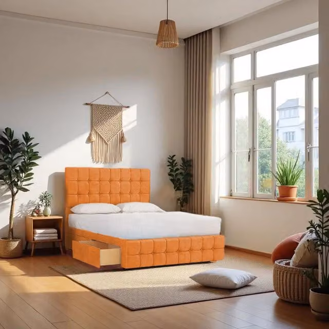 Knight Sleep Munic Plush Bed Set with Hybrid Mattress and 2 Drawers in Orange, King Size, W/D/H: 180 x 200 x 61 cm
