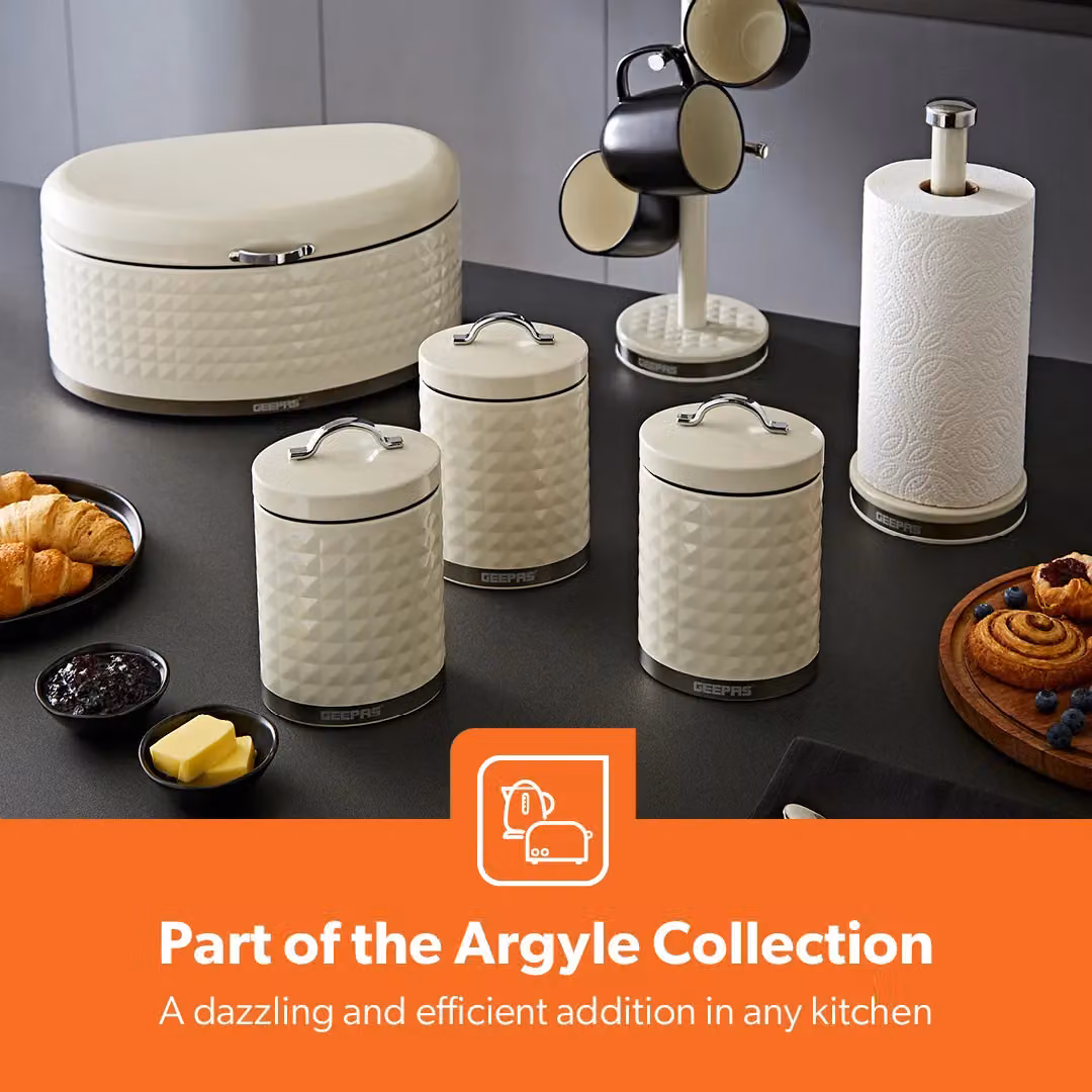 Geepas Argyle Airtight Bread Bin and 4 Piece Tea, Coffee and Sugar Canister Set in Cream – 2
