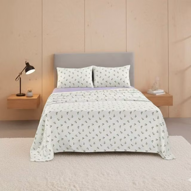 Snug City Purple Floral Print Brushed Cotton Flannelette Fitted Sheet and Matching Pillowcase, Single, W: 90 cm, L: 200 cm – 1