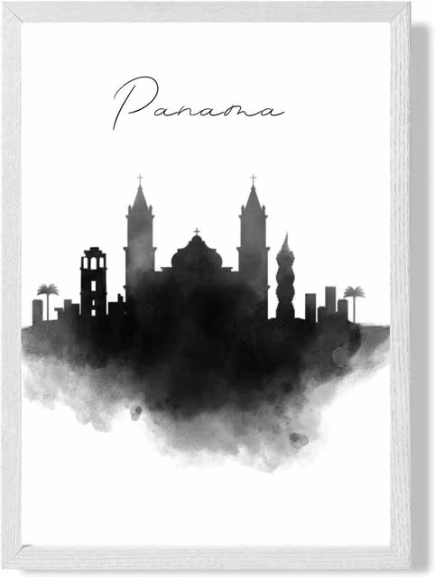 ARTZE Panama Watercolour Skyline City Framed Print, Black and White, A4