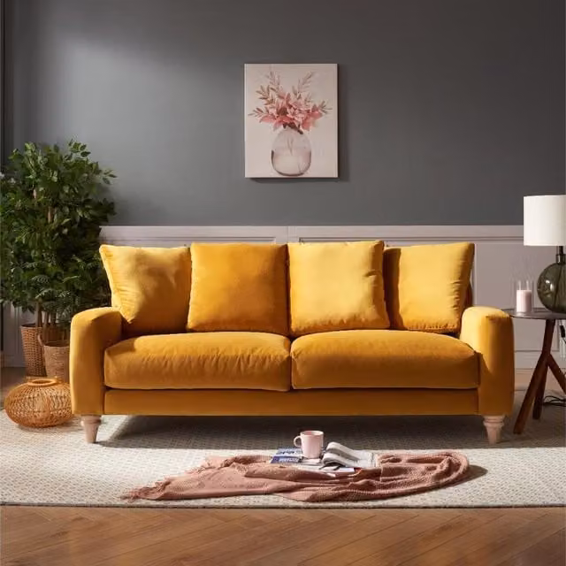 GRS Grove 3-Seater Sofa in Mustard Yellow Velvet with Feather Filled Scatter Cushions