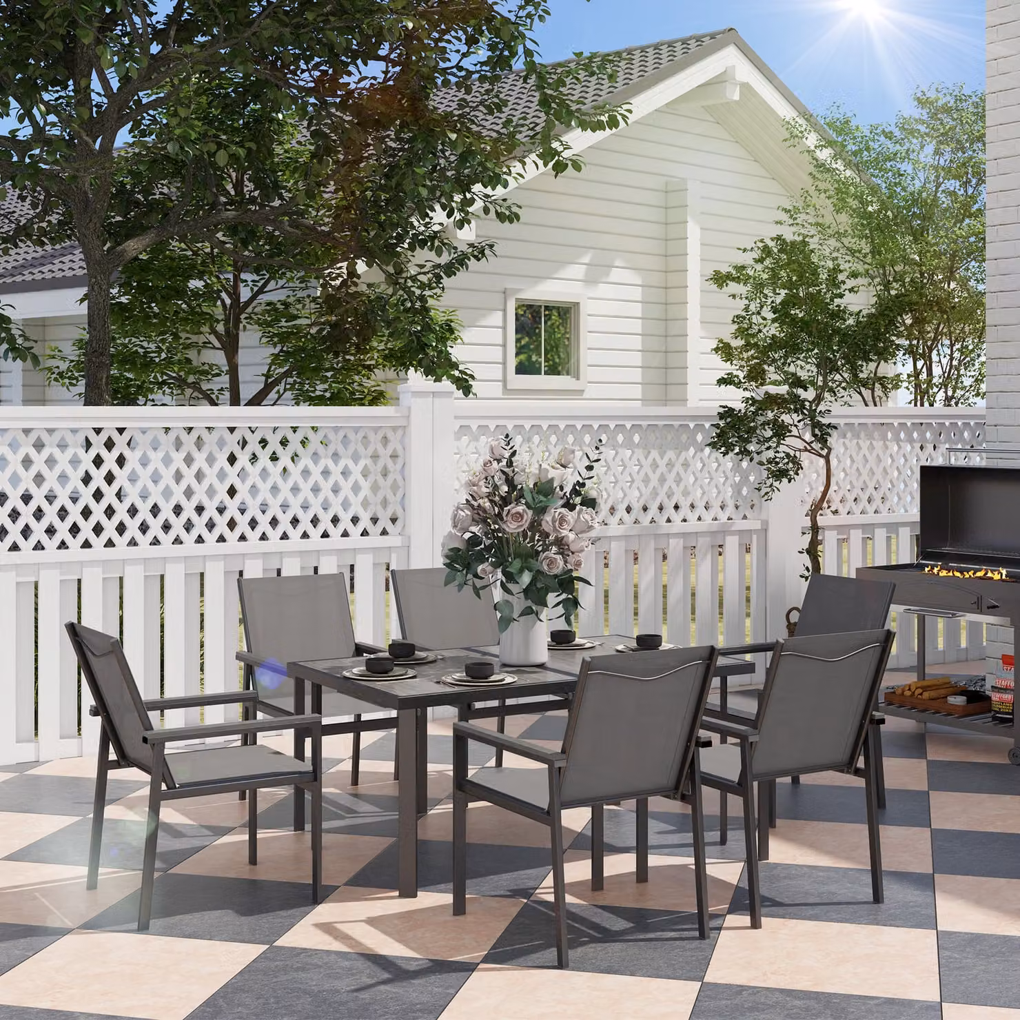 Outsunny 7 Piece Garden Dining Set with Glass Top Rectangular Table and 6 Grey Mesh Armchairs – 2