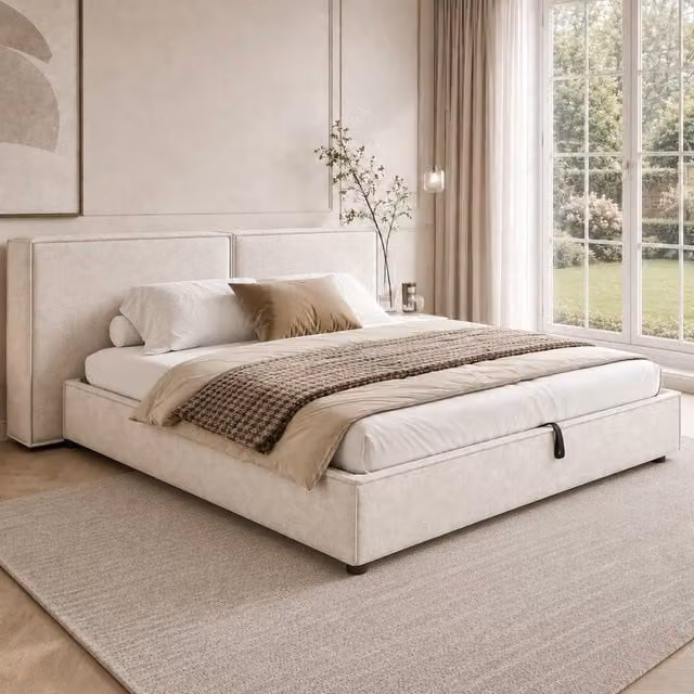 Merax Super King Ottoman Storage Bed with Wide Upholstered Headboard in Beige Chenille, W/D/H: 180 x 200 x 208.5 cm – 1