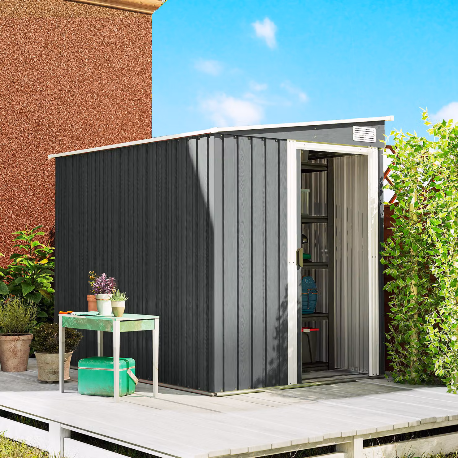 Outsunny Galvanised Metal Pent Shed with Sliding Door, Light Grey, W/D/H: 206 x 152.4 x 181 cm – 2