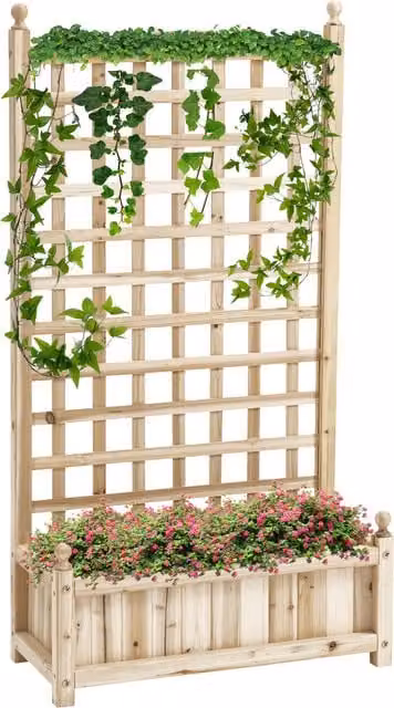 Outsunny Wooden Raised Bed Planter with Trellis for Climbing Vines, Brown, W: 58 cm, D: 21.5 cm, H: 15 cm