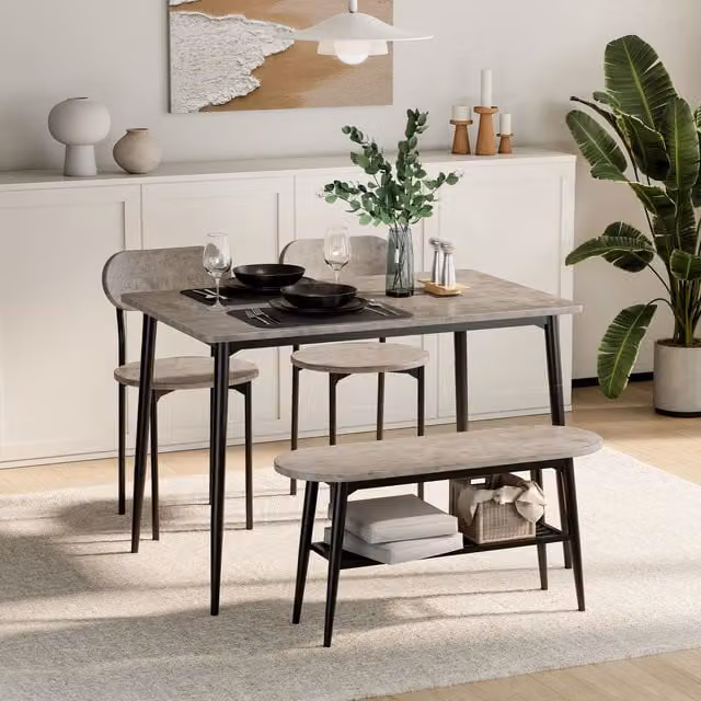 VonHaus Concrete Effect Dining Set with Table, Bench and 4 Chairs in Grey and Black, W/D/H: 110 x 70 x 75 cm