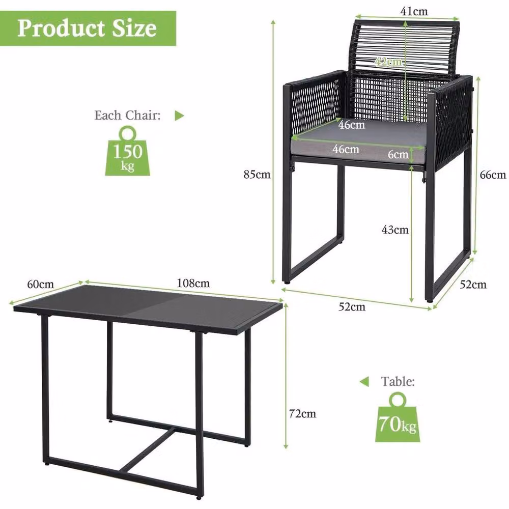 FLAVORA Grey Foldable Rattan Chair and Table Set in Black – 2