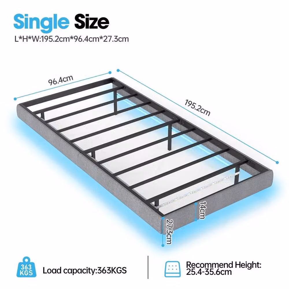 KORVIXA 3FT Single LED Floating Platform Bed in Grey with Under-Bed Lighting and Upholstered Metal Frame, W/D/H: 90 x 190 cm – 2