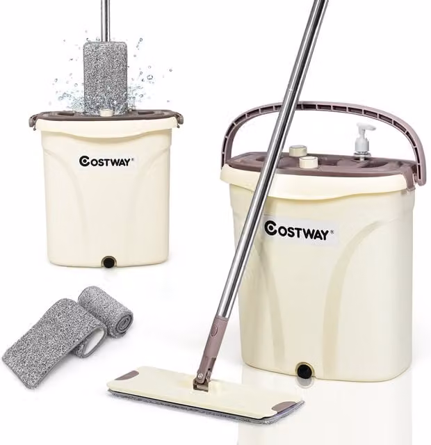Costway Flat Squeeze Mop and Bucket Set in Beige and Brown with Microfibre Refillable Head