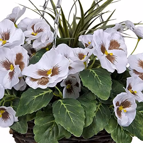 GreenBrokers Set of 2 Round Hanging Baskets with Mixed White, Purple and Blue Floral Decorations and Rattan Effect Plastic Finish – 2