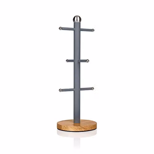 Swan Nordic Scandi Mug Tree with Anti-slip Bamboo Base and Metal Stand, Grey, H 15 cm x W 15 cm x D 38 cm – 1