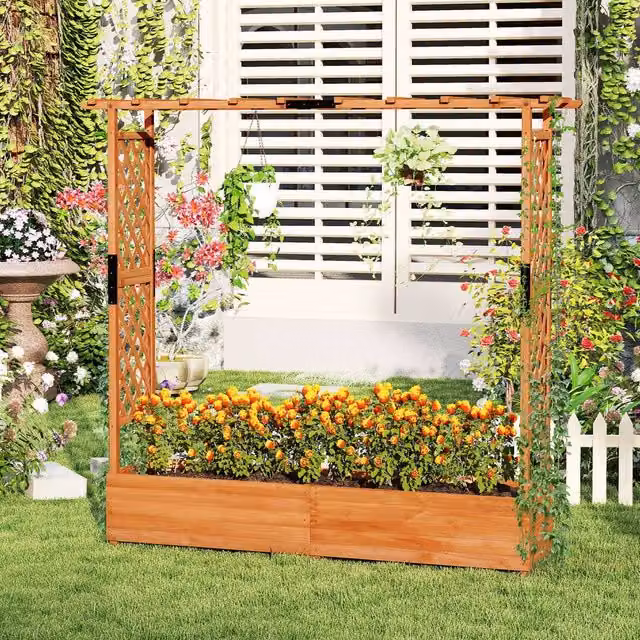 Costway Wooden Raised Garden Bed Planter Box with Trellis in Brown, W/D/H: 182.0 x 174.0 x 41.0 cm