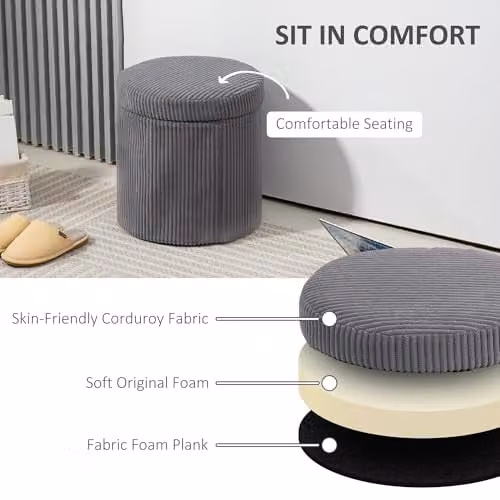 HOMCOM Round Corduroy Storage Ottoman with Removable Lid in Grey, W/D/H: 40 x 40 x 41 cm – 3