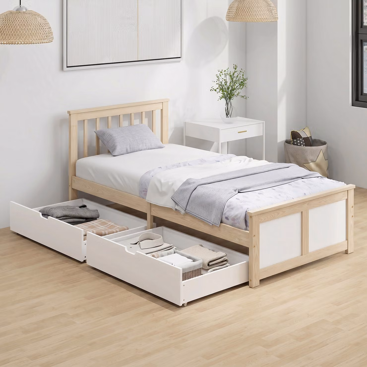 HOMCOM Single Solid Pine Wood Storage Bed with Drawers and Headboard, White, W/D/H: 90 x 190 cm – 2