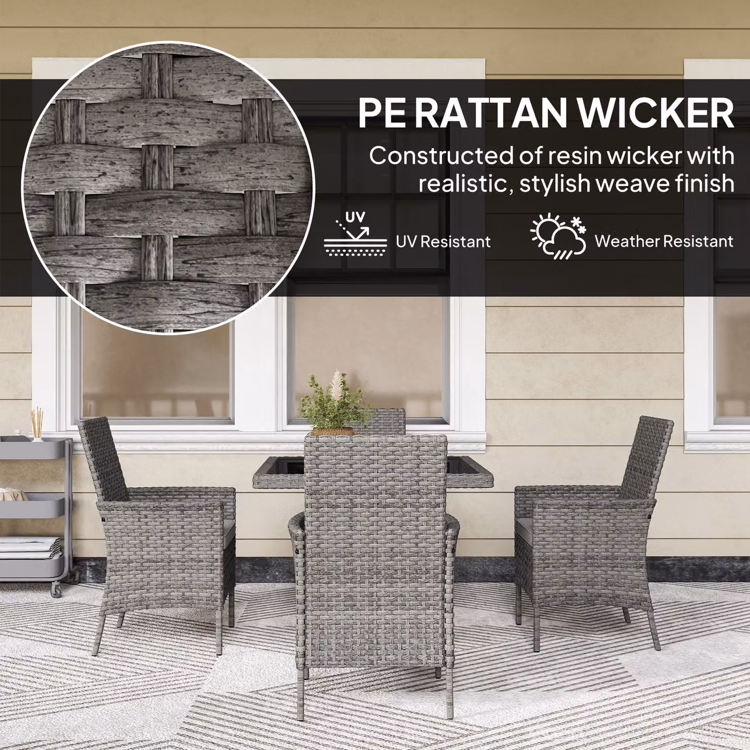 Outsunny Grey Rattan Garden Furniture Set with 4 Armchairs, Square Tempered Glass Top Dining Table and Cushions – 5