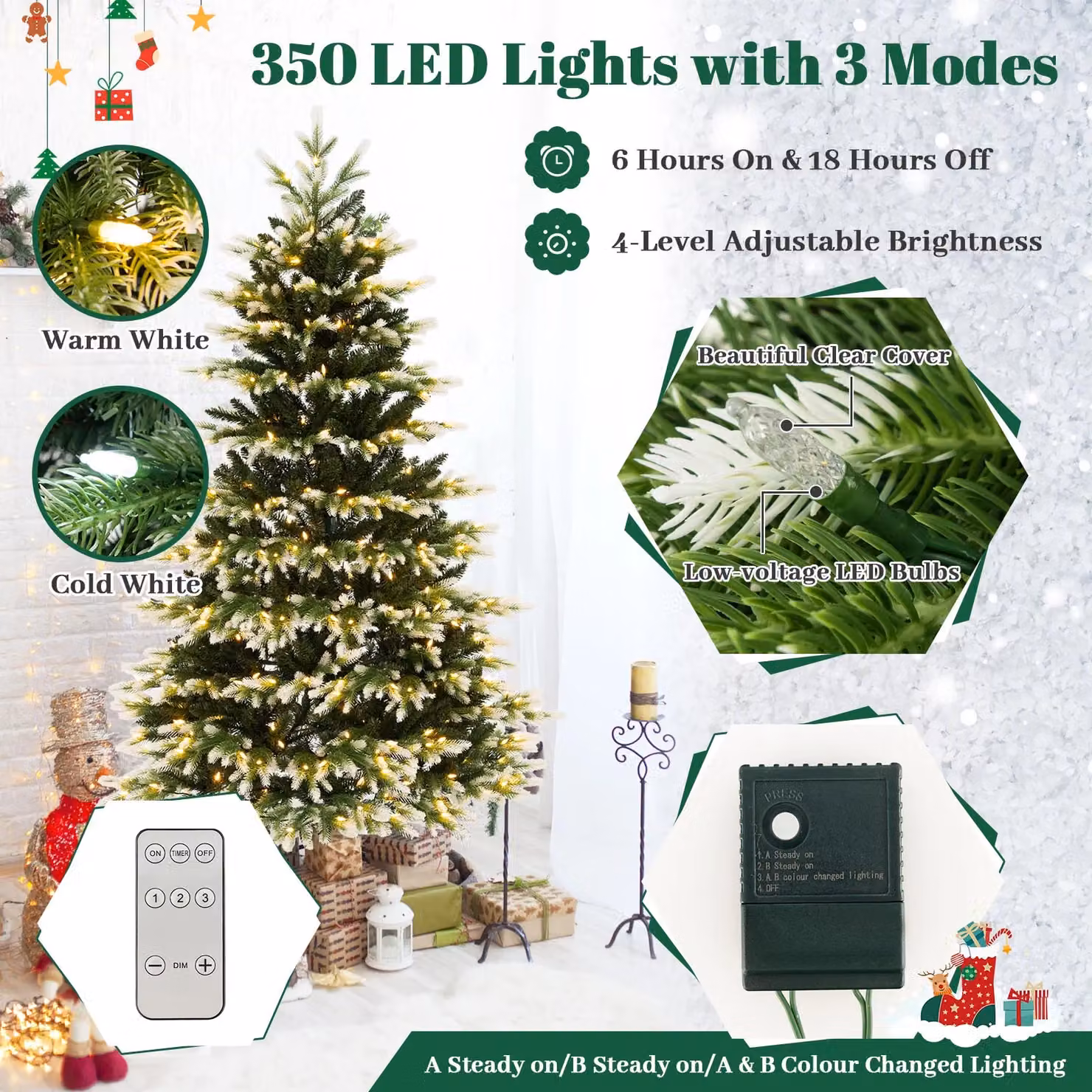 Gymax 6ft Green Christmas Tree with 1801 Branch Tips, 2 Lighting Colours and Remote Control – 2