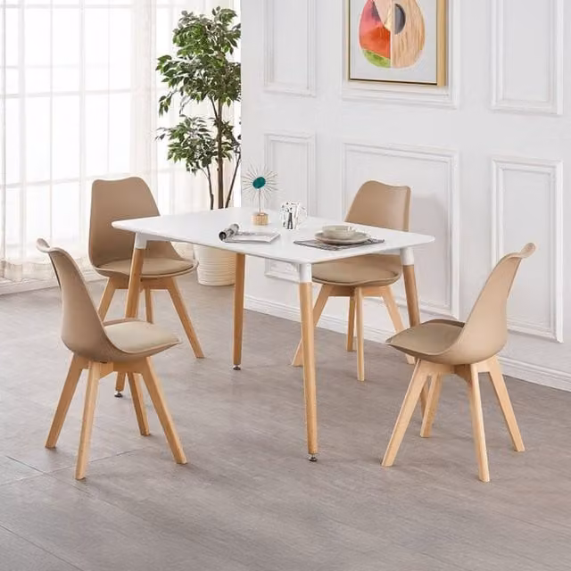 Life Interiors Lorenzo Halo Dining Set with Rectangular Wood Table and 4 Beige Chairs