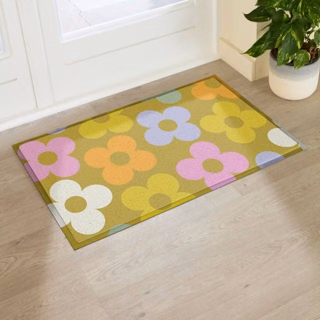 Artsy Mats Elizabeth Olwen Petals on Pistachio Indoor/Outdoor Doormat, Green and Multicolour, W: 90 cm, D: 60 cm