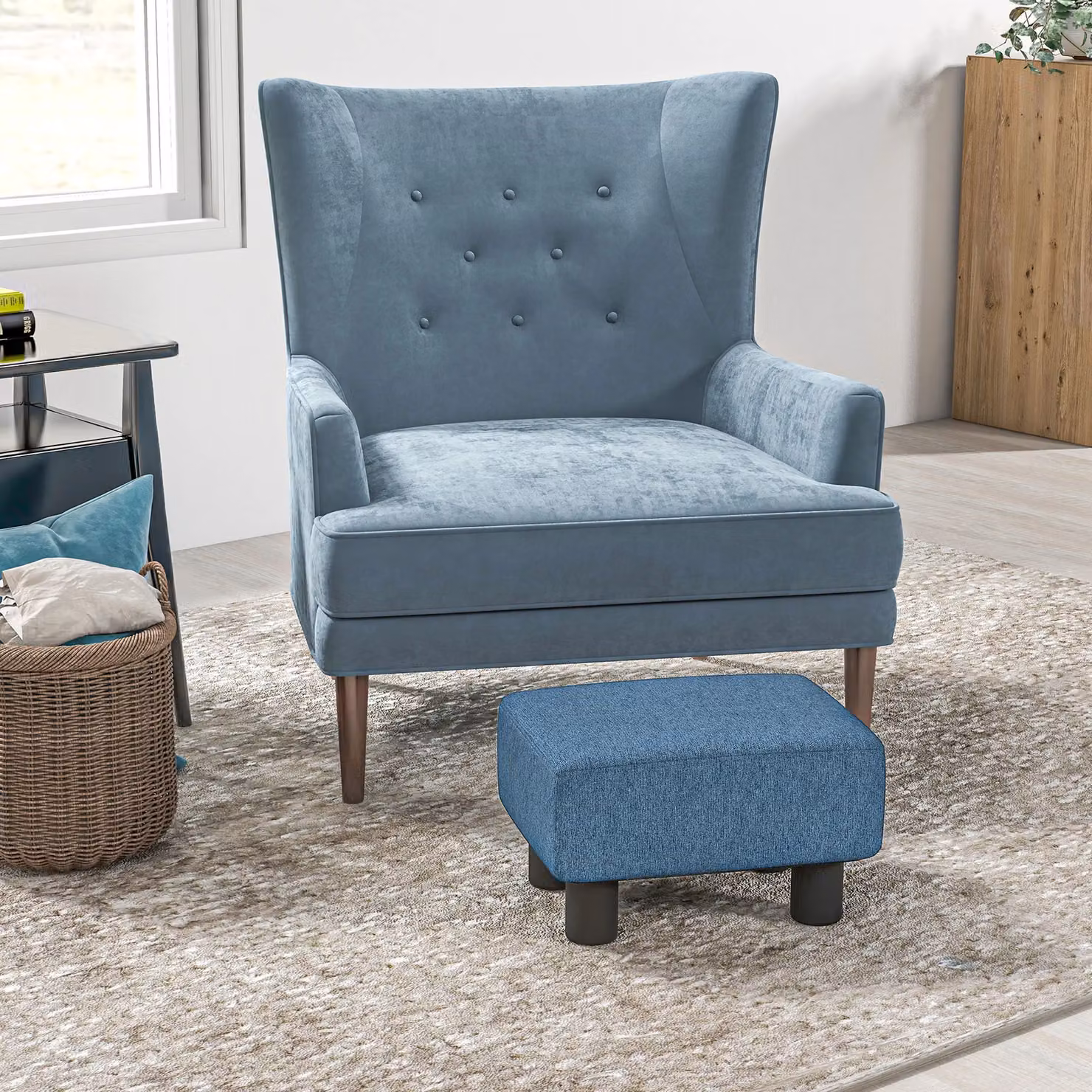 HOMCOM Blue Fabric Cube Footstool Ottoman with Plastic Legs, W/D/H: 40 x 40 x 30 cm – 2