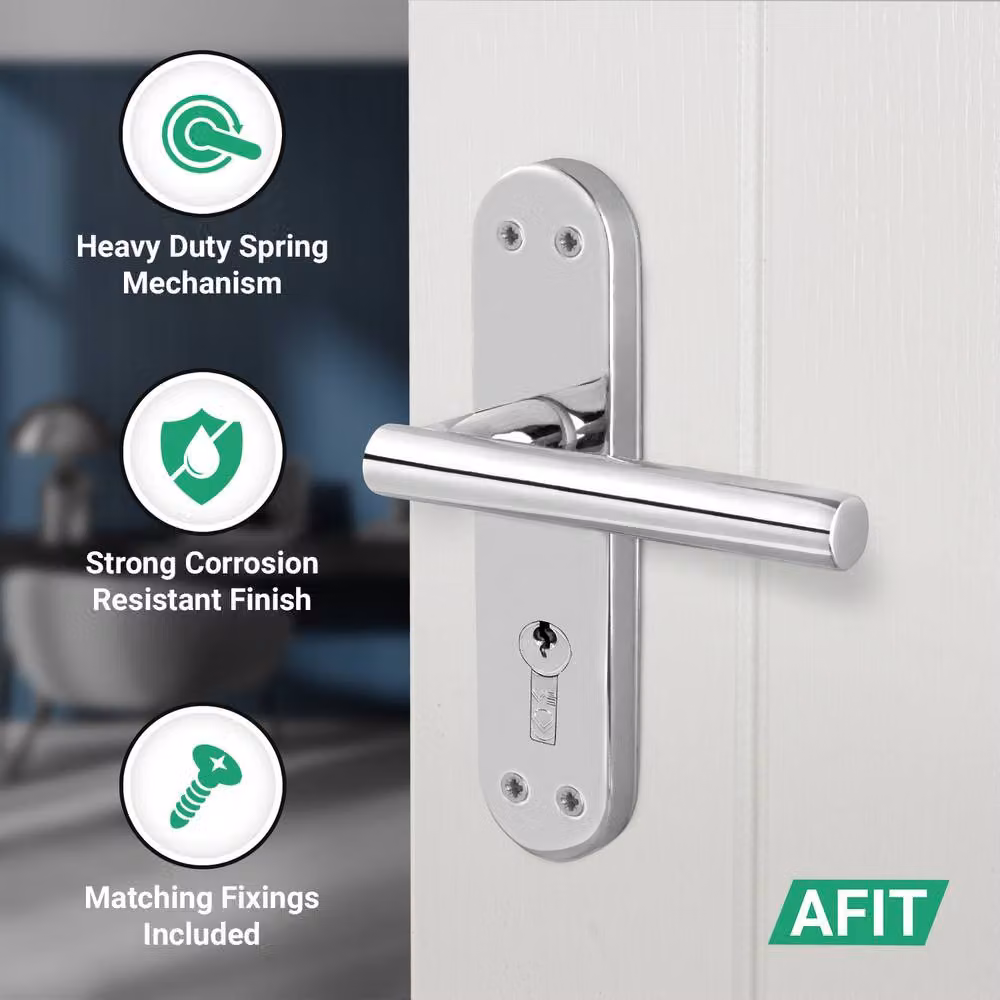 AFIT Polished Chrome T-Bar Door Handle with Euro Lock, Double Cylinder and Hinges, Silver – 2
