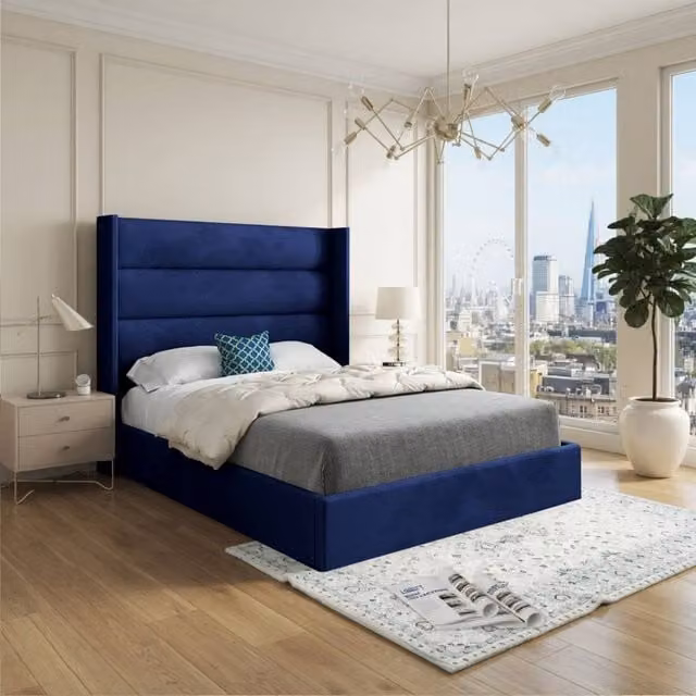 KDMD Yeovil Winged Upholstered Single Bed Frame in Blue Soft Velvet