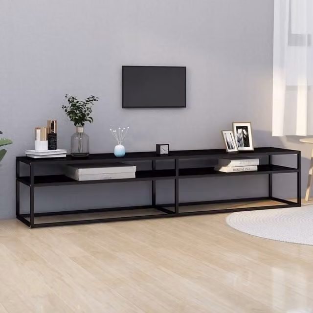 Berkfield Home Black TV Cabinet with Tempered Glass, W: 200 cm, D: 40.5 cm, H: 40.5 cm – 1